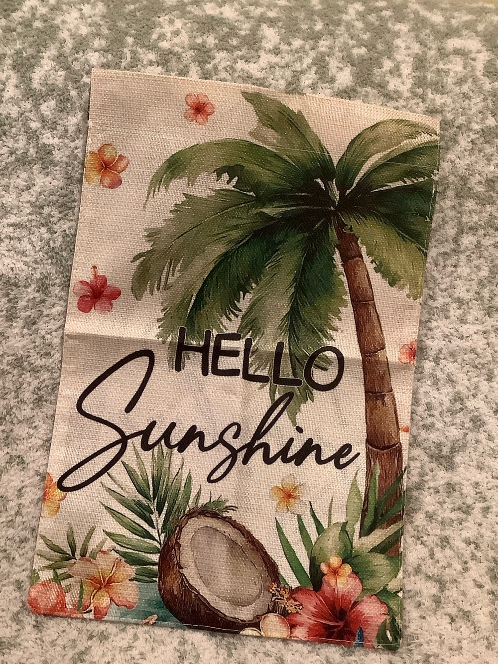 Hello Sunshine Tropical Palm Coconut Floral Small Garden Flag Burlap NWT